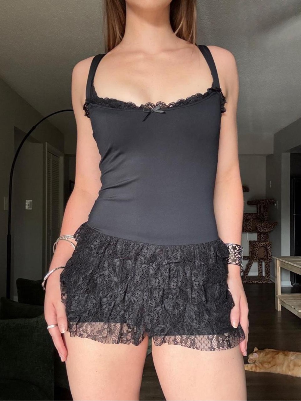 Black Lace-Trim Ruffle Romper